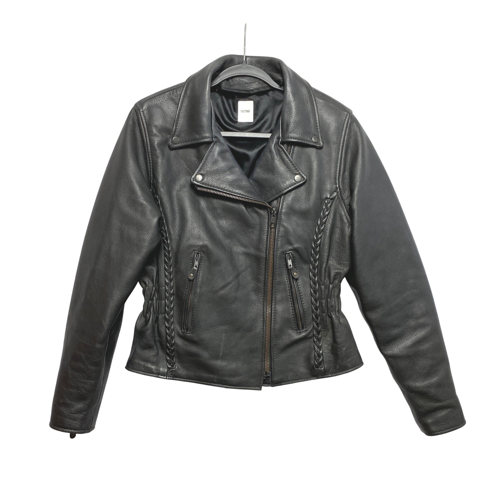 Unbranded Moto Biker Jacket Womens S/M Black Leather Asymmetrical Zip Braided